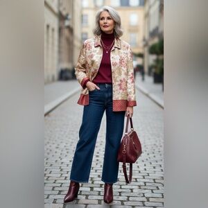 August Max Silk Floral Jacquard Jacket Size 4 Autumnal Sophisticated Chic Fall